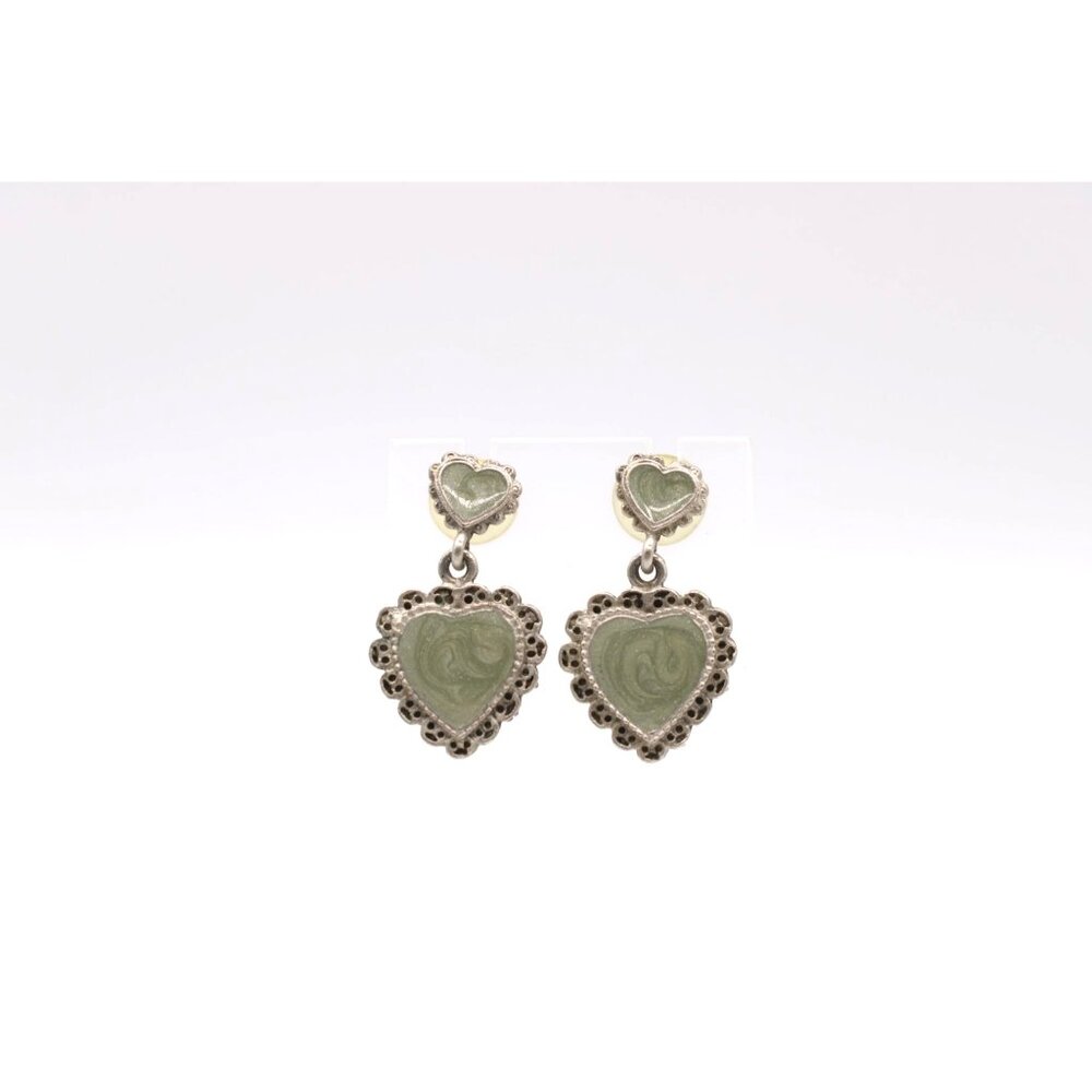 Heart Drop Enamel Earrings Sage Green Swirl and Ornate Framing Vtg Silver Tone - Picture 4 of 10